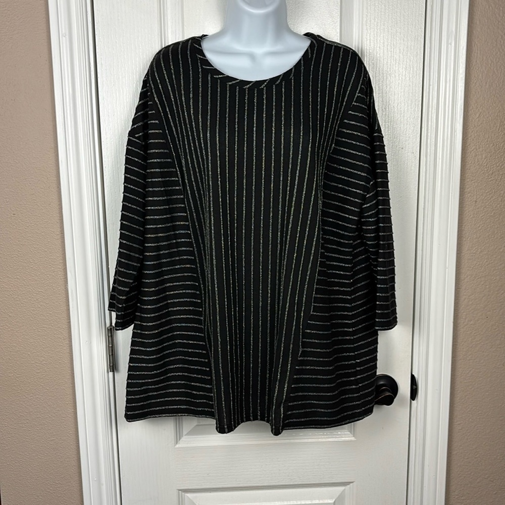 Liz‎ Claiborne Woman Round Neck 3/4 Sleeve Glam Timeless Blk/Silver Top Size 1X